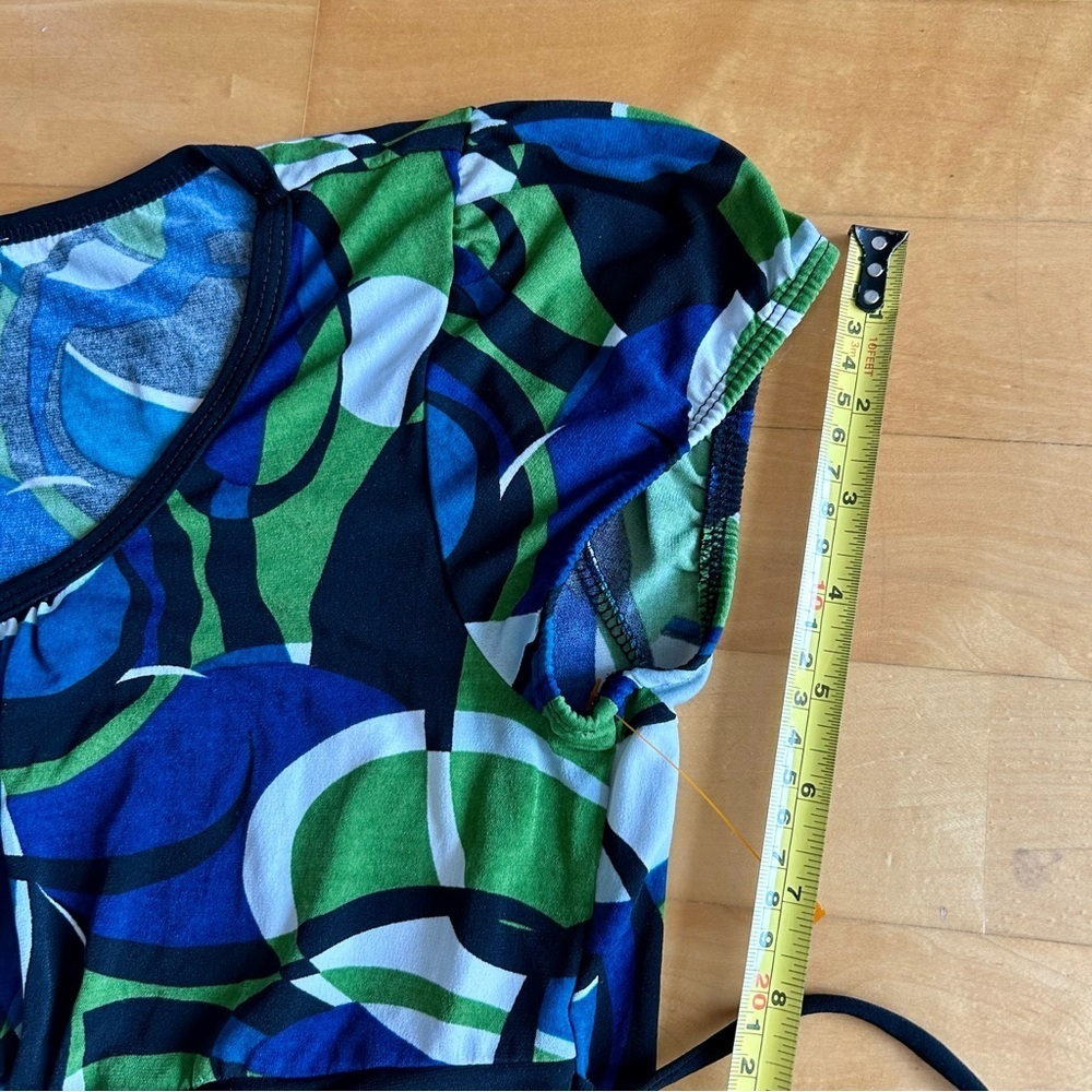 Ally B Abstract, Colorful Belted Blouse, Blue, Green, Green, White, Size L - Picture 14 of 17